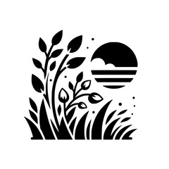 Minimalist monochrome graphic of plants and grass silhouette against a setting sun with a stylized cloud, featuring a clean, modern design aesthetic.