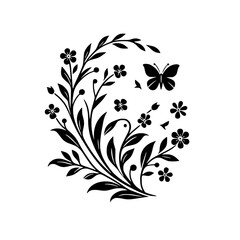 Elegant Black and White Botanical Design with Butterfly, Leaves, and Floral Elements in a Decorative, Symmetrical Composition.