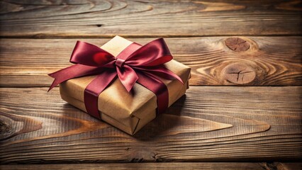Naklejka premium A Simple Gift Wrapped in Brown Paper and Tied with a Burgundy Satin Bow on a Rustic Wooden Table