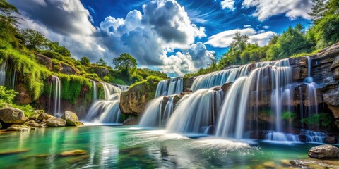 Obraz premium Serene waterfall plunges, azure sky unfolds; majestic nature's beauty captured.