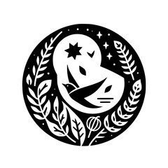 Symbolic black and white circular illustration featuring a bird in flight, surrounded by leaves, stars, and a moon shape, creating a harmonious, natural design.