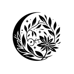 A stylized floral and botanical emblem in black and white, depicting a crescent moon intertwined with leaves, stars, and a central flower.