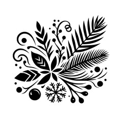 Intricate Black and White Botanical Design Featuring Leaves, Berries, Swirls, a Snowflake, and Palm Fronds on a White Background.
