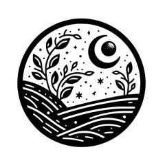 A monochrome circular emblem depicting a serene night scene with stylized foliage, a crescent moon with a dotted golf-ball-like center, stars, and rolling hills.