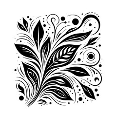 Elegant Black and White Floral Illustration: Detailed depiction of stylized leaves, swirling stems, and dot accents, creating an intricate, symmetrical botanical design.