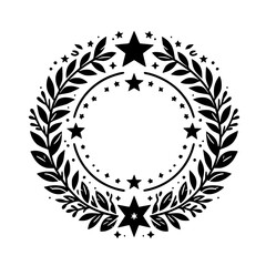 Fototapeta premium Elegant Black and White Floral Wreath Adorned with Stars, Featuring a Minimalist Aesthetic for Festive Decoration or Design.