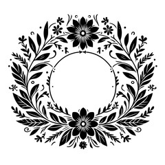 Black and White Floral Wreath with Blank Center, Featuring Intricate Leaves, Blossoms, and Decorative Elements.
