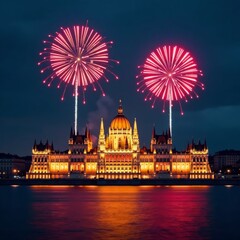 Fireworks light up the Hungarian Parliament building on a winter night, illuminated landmark, hungarian architecture
