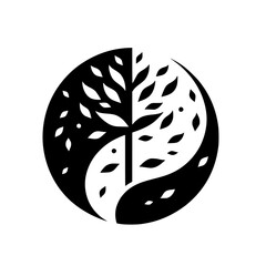 Yin-Yang Tree: A stylized black and white design within a circular composition, representing balance and interconnectedness.