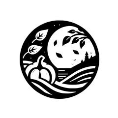 A stylized, circular, black and white illustration of a harvest moon setting over a pumpkin field, tree, and rolling hills.
