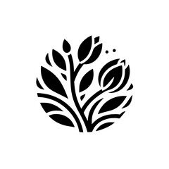 Stylized black floral design within a circle on a white background, featuring leaves, buds, and dots.