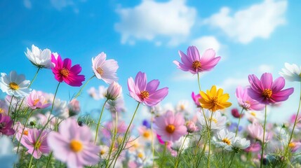 Obraz premium cosmos flowers, blooming cosmos, pink cosmos flowers, vibrant cosmos field, cosmos meadow, floral landscape, blue sky background, dreamlike floral scene, lush cosmos garden, soft focus cosmos