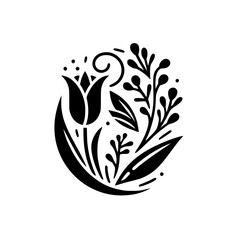 Elegant Black and White Floral Design: Stylized Tulip, Leaves, and Berries in a Circular Arrangement
