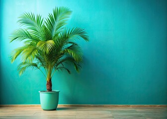 Obraz premium Vibrant green tropical palm, potted in turquoise, adds minimalist summer vibes to your interior design.