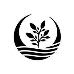 Stylized botanical emblem featuring a budding plant within a crescent-shaped enclosure, above layered lines, rendered in bold black on a stark white backdrop.