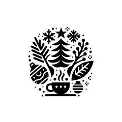 Festive Black and White Christmas Ornament: A Circular Composition with a stylized Christmas tree, coffee cup, ornaments, and botanical elements.