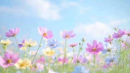 Obraz premium cosmos flowers,pink and yellow petals,soft focus,hazy background,dreamy,beautiful floral field,natural lighting,pastoral,vibrant colors,ethereal,romantic,whimsical 