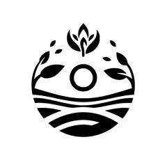 A minimalist monochrome circular emblem showcasing a stylized landscape: sun-like circle, layered horizon, floral top and symmetrical leaf accents.
