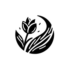 A stylized, black-and-white floral design featuring a tulip encircled by leaves and a curved element, evoking a minimalist and elegant aesthetic.