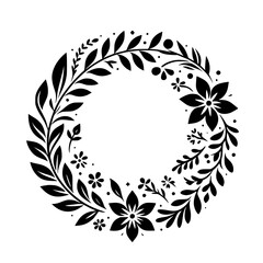 Elegant monochromatic floral wreath, featuring a circular arrangement of leaves, flowers, and small decorative elements in a minimalist design on a white background, evoking a sense of grace and natur