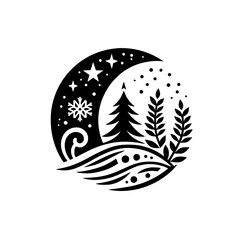 A minimalist winter scene enclosed within a circular frame, featuring a pine tree, snowflakes, stars, and abstract elements, conveying a sense of tranquility and seasonal joy.
