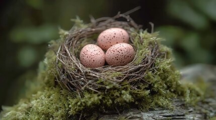 Fototapeta premium Woodland Treasures: Three Speckled Eggs in a Mossy Nest