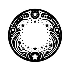 Intricate black and white circular illustration with stars, floral motifs, and ornamental swirls, creating a celestial border design with a blank center.