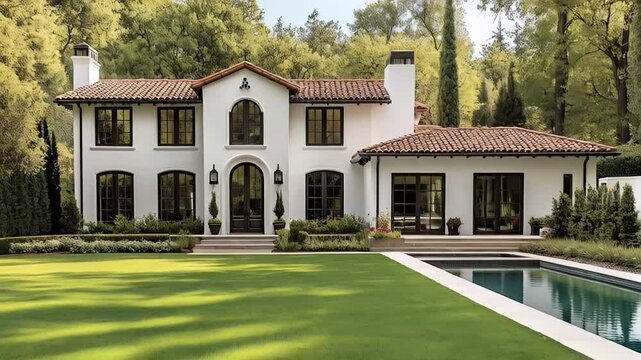 Beautiful luxury home exterior with landscaped garden and swimming pool in serene setting