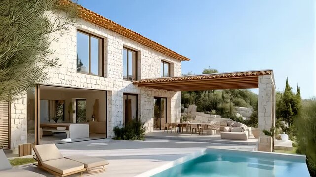 Elegant modern villa with pool in a serene landscape offering luxury relaxation and outdoor living