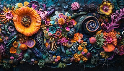 Vibrant and intricate underwater coral reef teeming with diverse marine life and textures.