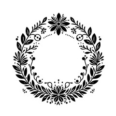 Intricate Black and White Circular Floral Wreath with Decorative Leafy Vines, Blossoms, and a Clean, Empty Center.