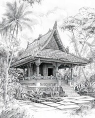 Tropical, Asian-style Pagoda Sketch