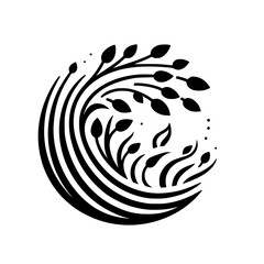 Abstract Black and White Floral Emblem: A Circular Composition of Stylized Foliage and Curved Lines, Evoking Grace and Harmony.