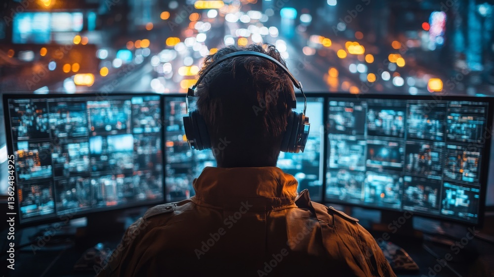 Aufkleber An individual wearing headphones oversees multiple screens displaying live data on transportation, infrastructure, and security systems in a busy urban environment at night.