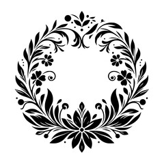 Elegant Black and White Floral Wreath: A symmetrical design with leaves, flowers, and ornamental flourishes, offering a classic and stylized aesthetic, perfect for design.