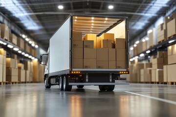 A truck parked in a warehouse that is full of boxes in the background. the truck is unloading many cardboard boxes