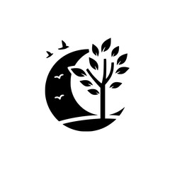 Minimalist monochrome logo design featuring a stylized tree with leaves, perched on a crescent moon, with birds flying overhead.