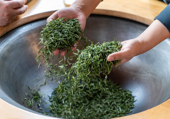 Traditional Chinese tea making techniques involve workers stir frying freshly picked green tea in iron pots