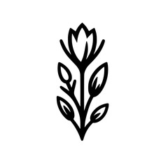 Minimalist Black and White Botanical Illustration: Stylized Flower with Leaves on a White Background, Flat Design, Monoline Aesthetics