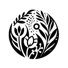 Circular Floral Design: A Monochrome Composition of stylized leaves, flowers, and other botanicals, creating a balanced and harmonious emblem.