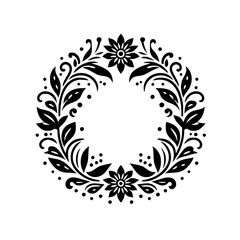 A symmetrical circular floral design in black and white, a delicate wreath with flowers, leaves and swirling details.