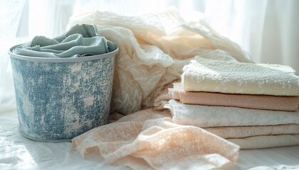 Folded fabric scraps showcasing innovative textile recycling techniques for sustainable fashion and environmental impact. Recycle and transform waste into valuable resources.