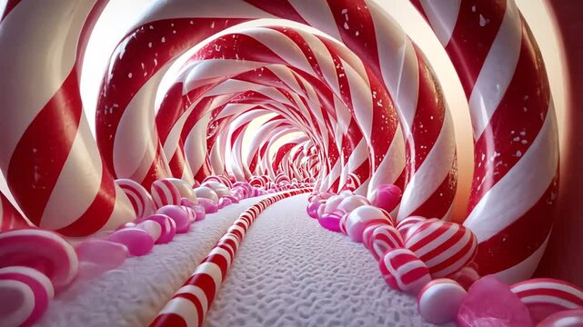 Immersive Candy Cane Tunnel Journey: A Sweet Adventure in a Festive Wonderland