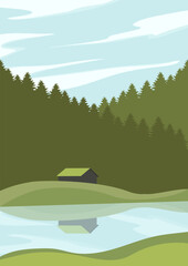 Spring forest landscape near water illustration. Countryside scene with green fields. Skyline with clouds