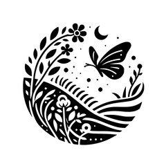 Monochrome Circular Illustration: A stylized nature scene of a butterfly in flight above a landscape with flowers, vegetation, and a crescent moon, evoking peace and natural beauty.