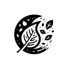 A minimalist, black and white logo featuring a large leaf encircled by a semi-circle, accented with scattered smaller leaves, droplets, and celestial elements.