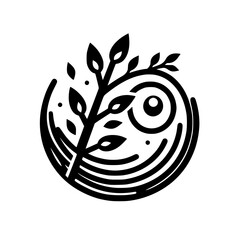 Elegant Black and White Logo Featuring a Stylized Tree Branch with Leaves and a Circular Swirl, Creating a Harmonious and Abstract Composition