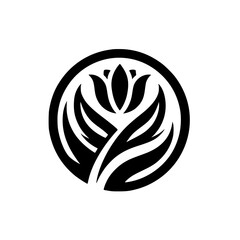 A stylized, black and white circular logo depicting a floral motif within a frame, showcasing elegant simplicity.