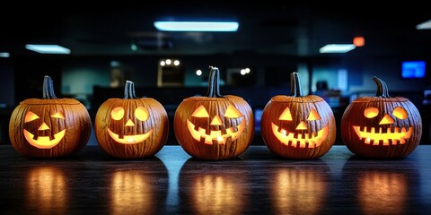 Festive pumpkin contest setup illuminated by detailed carvings.