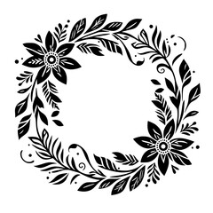 Elegant black and white floral wreath design with stylized flowers, leaves, and decorative flourishes, creating a circular, symmetrical composition.
